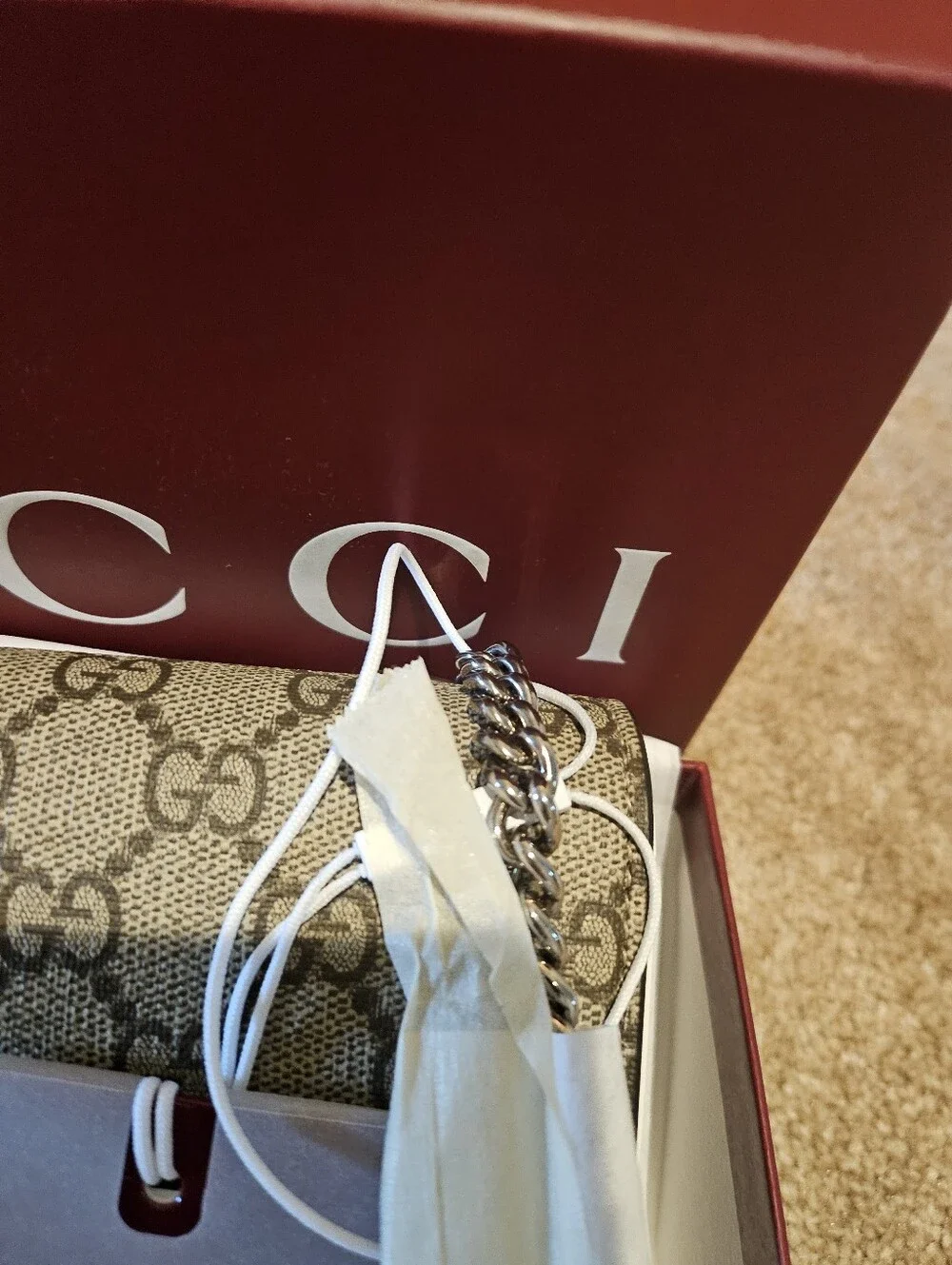 New In Box Gucci Beige Leather Trim GG Canvas Wallet with Gold Hardware